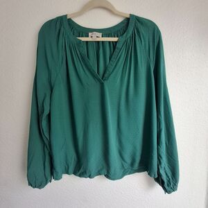 LOFT Outlet Blouse M Emerald Green Swiss Dot Split Neck Long Sleeve Boho